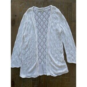 Studio Works Women's Medium White Pointelle Knit Open Front Cardigan Made in USA